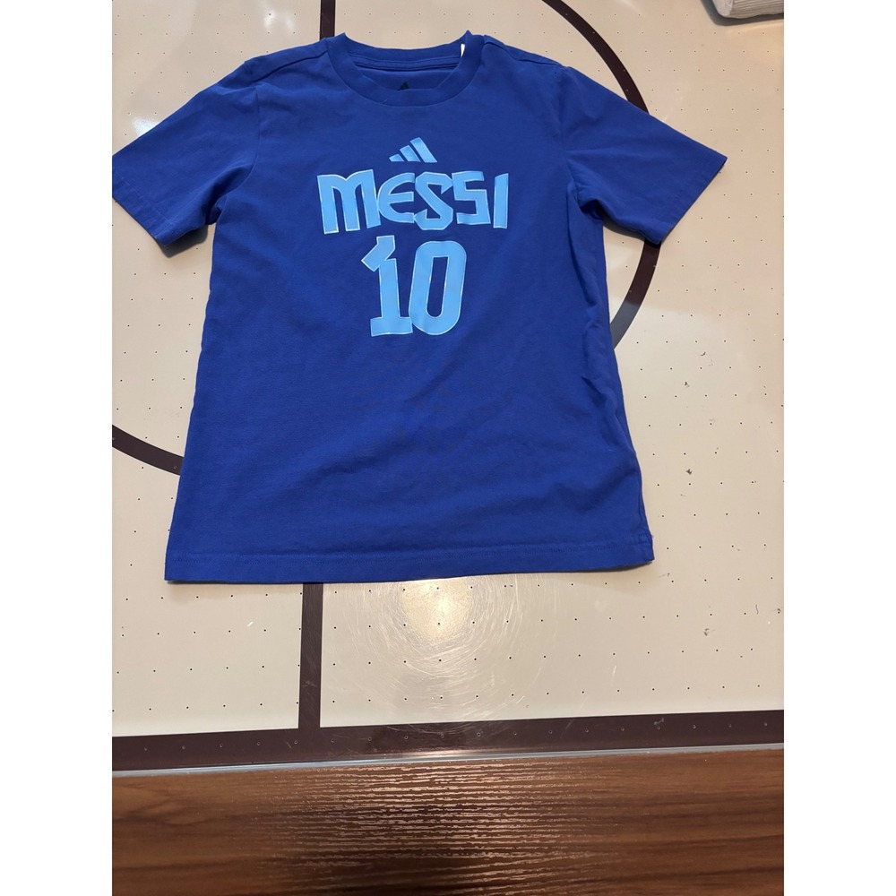 Adidas Kids Messi 10 Graphic T-Shirt Blue Soccer Sportswear Size 9-10Y 140